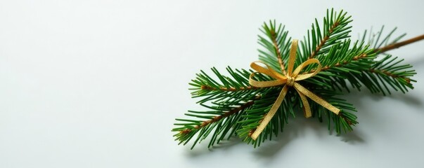 Obraz premium A sprig of evergreen fir branches is wrapped in golden garland and tied with a ribbon, evergreen, greenery, holiday