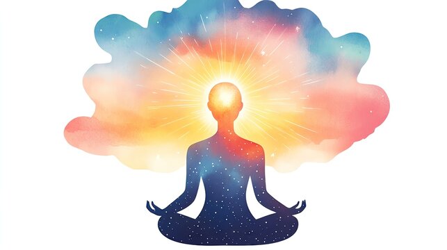 Emotional intelligence mastery concept Meditation silhouette with colorful aura.