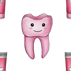 Seamless Pattern Pink Kawaii Tooth and Toothpaste Big Design on White Background