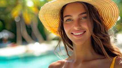 Young woman with wavy brown hair wearing a straw hat and yellow dress, smiling under the sun near a tropical pool with palm trees and blue water in the background