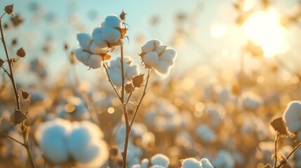 Fluffy white cotton bolls on stems glowing in bright golden sunlight, with a softly blurred warm background creating a serene and rural farming scene