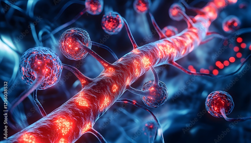 Poster detailed visualization of neurons with luminous red connections