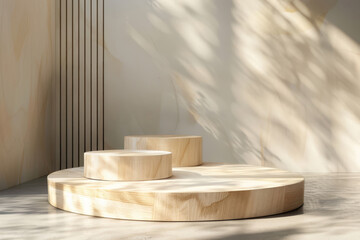 Multi-tiered wooden pedestal podiums set against a neutral-toned backdrop with soft natural light, leaf shadows, and vertical slats. Ideal for product display or branding