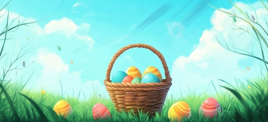 Easter-themed background with a basket full of colorful eggs, in a cartoon style, on a bright and sunny day, in a grassy field with a blue sky.
