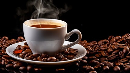 Fototapeta premium Hot Black Coffee Cup with Coffee Beans Isolated on White Background - Perfect for Breakfast, Cafes, and Espresso Lovers