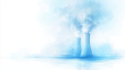 Mesmerizing blue watercolor nuclear plant painting, a serene yet powerful industrial landscape