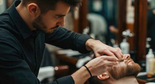 Male barber giving client close shave using straight razor in barbershop