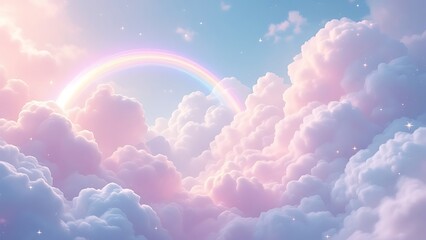 A whimsica pastel rainbow unicorn background shines with sparkling stars against a soft, pink fantasy sky. Fairy iridescent gradient backdrop. unicorn resting on a fluffy cloud with a vibrant rainbow.