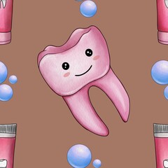 Seamless Pattern Pink Kawaii Tooth and Toothpaste with Bubble Big Design on Mocha Mousse Background