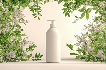 Elegance of simplicity highlighted by a gentle white bottle surrounded by lush greenery and delicate flowers