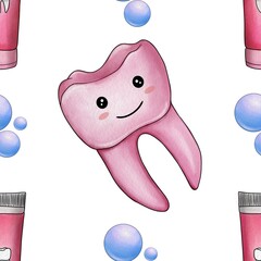 Seamless Pattern Pink Kawaii Tooth and Toothpaste with Bubble Big Design on White Background