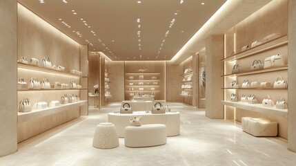 Luxury handbag boutique interior; display, shopping, beige, mall, calm