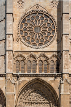 Detailed close-up of Santa Maria de Regla de Leon Cathedral facade