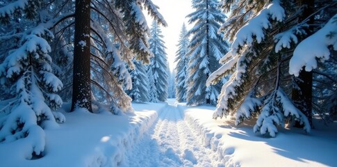 Dense snow-covered trees surround the narrow footpath, winter path, forest floor