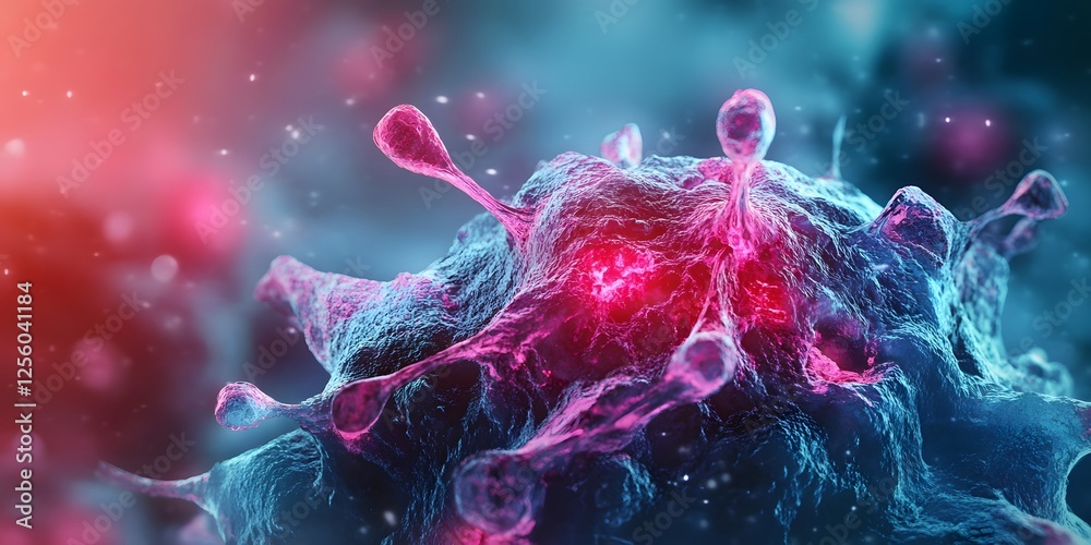 Poster close-up view of colorful virus cell under microscope imagery