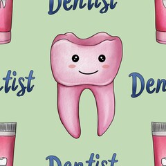 Seamless Pattern Pink Kawaii Tooth and Toothpaste with Text Dentist Big Design on Pastel Green Background