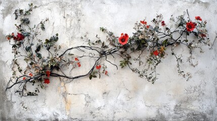 Red Blooms on Weathered Wall: A Study in Contrast