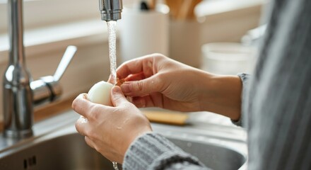 Person washing white egg under running tap water in kitchen sink