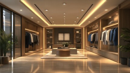 Luxury walk-in closet, modern design, city view, evening lighting, retail display