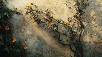 Sunlit Vine on Ancient Wall: A Tapestry of Orange and Purple Blossoms