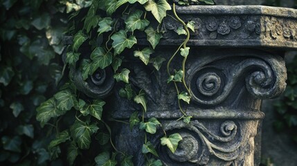 Ancient Stone Column Embraced by Verdant Ivy