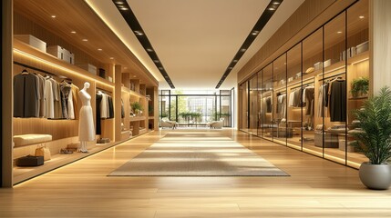 Luxury walk-in closet, modern design, sunlight, showroom