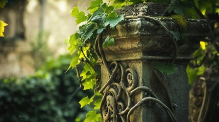 Ancient Stone Pillar Enveloped by Lush Greenery
