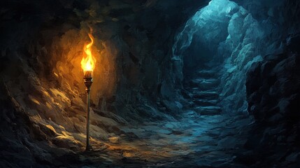 Mysterious Cave Passage: Illuminated by a Torch's Glowing Flame