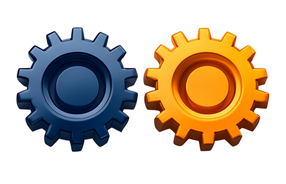 Isolated, colorful abstract gears lined up in a row on a transparent background. Symbol of technology and innovation. high resolution PNG file
