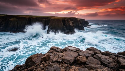 Obraz premium Dramatic Coastal Cliffs and Crashing Waves at Dusk Serenity