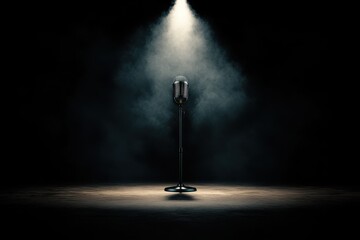Spotlight shines on classic microphone in a dimly lit performance space filled with anticipation and creativity