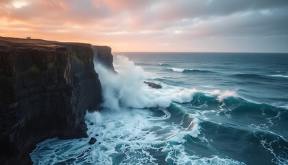 Obraz premium Cliffs of Moher: Majestic Waves Crashing at Dusk Landscape