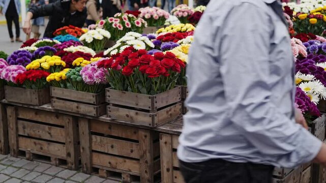 Vibrant Flower Market Stall Displaying a Rainbow of Colorful Blooms