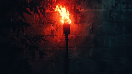Burning Torch Against a Brick Wall at Night