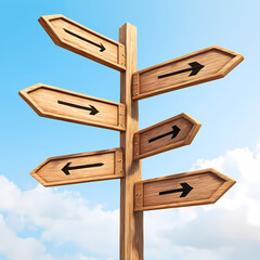 Naklejka premium Empty wooden signpost with multiple arrow signs pointing in different directions, symbolizing choices and guidance. Isolated