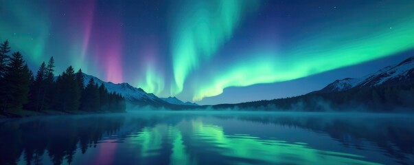 Naklejka premium Glittering aurora borealis above a misty lake, water, night sky