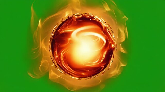 Fiery red orb enveloped in a halo of swirling particles radiating warmth and energy. Green screen chromakey