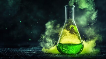 Eerie Green Potion: A Mystical Erlenmeyer Flask Filled with Glowing Liquid, Surrounded by Enigmatic Green Smoke