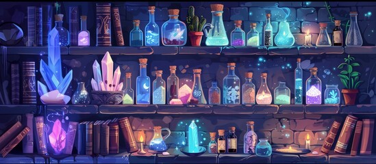 Illustration of occult magic magazine and shelf with various potions, bottles, poisons, crystals, salt. Alchemical medicine concept	

