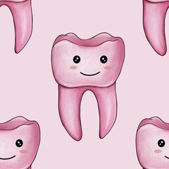 Seamless Pattern Pink Kawaii Tooth Big Design on Pastel Pink Background
