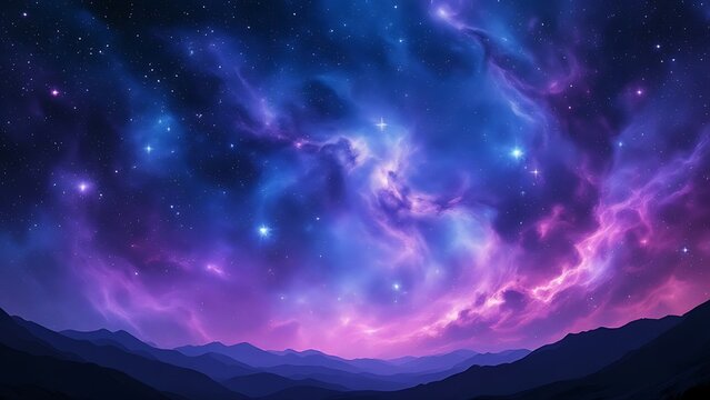 Beautiful fantasy starry night sky, blue and purple colorful, galaxy and aurora 4k wallpaper. cosmic watercolor illustration. Colorful space background with stars