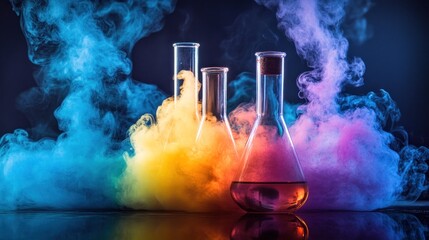 Colorful Chemistry Experiment: Erlenmeyer Flasks and Beakers Filled with Vibrant Liquids Emitting Colorful Smoke in a Dark Background