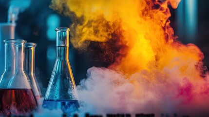 Colorful Chemical Reaction in Laboratory: Erlenmeyer Flasks with Vibrant Liquids and Smoky Atmosphere