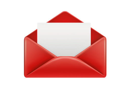 Open envelope with blank paper on transparent background