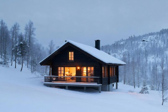 Cozy wooden cabin glowing in snowy winter wonderland at twilight