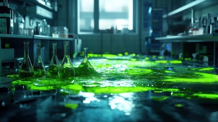 Green Liquid Spill in a Deserted Laboratory