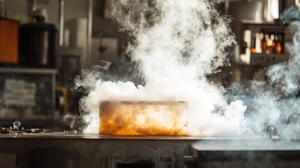 Cryogenic Experiment: A Glowing Cube Shrouded in Ethereal Vapor