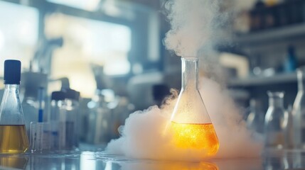 Chemical Reaction in a Laboratory: Erlenmeyer Flask with Glowing Liquid and Dry Ice