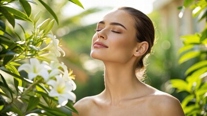 Woman in white dress gazing up at the sky in a natural outdoor setting