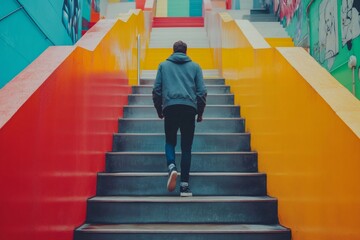 Young man climbing colorful stairs toward personal growth and success